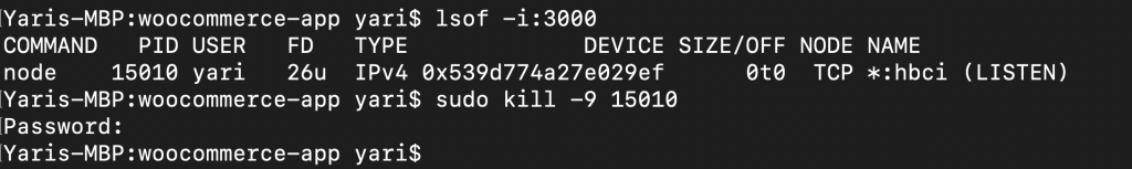 terminal output after running the command [sudo kill -9 15010