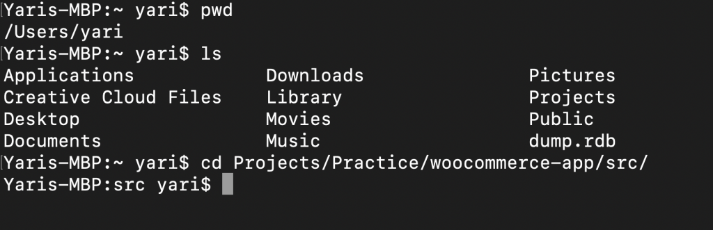 Terminal MAC con instrucciones que cambian de directorio: Projects/practice/woocommerce-app/src/
