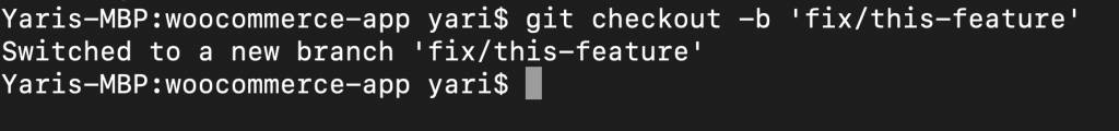 Terminal MAC creando nueva rama con el comando 'git checkout -b 'fix/this-feature''