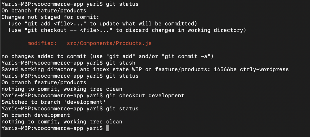 git checkout development command to switch HEAD from feature/product to development
