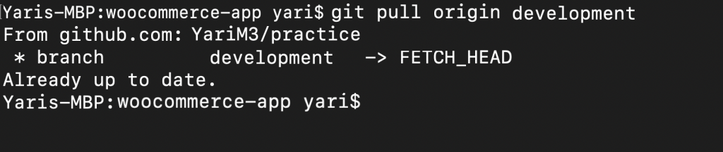 git pull origin development terminal command updates content from remote development branch to local development branch