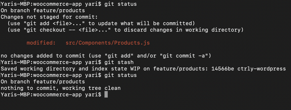 Terminal luego de entrar git status para verificar el estado de la rama