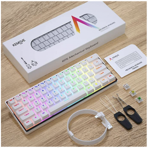 Paquete con contenidos de teclado mecánico Kemove. Incluye herramientas para sacar teclas. cargador USB, y switches.