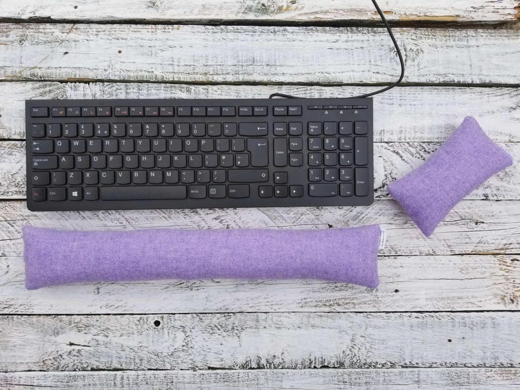 Office setup: Purple wool wrist rest by MyBlueBunnyHandmade on Etsy